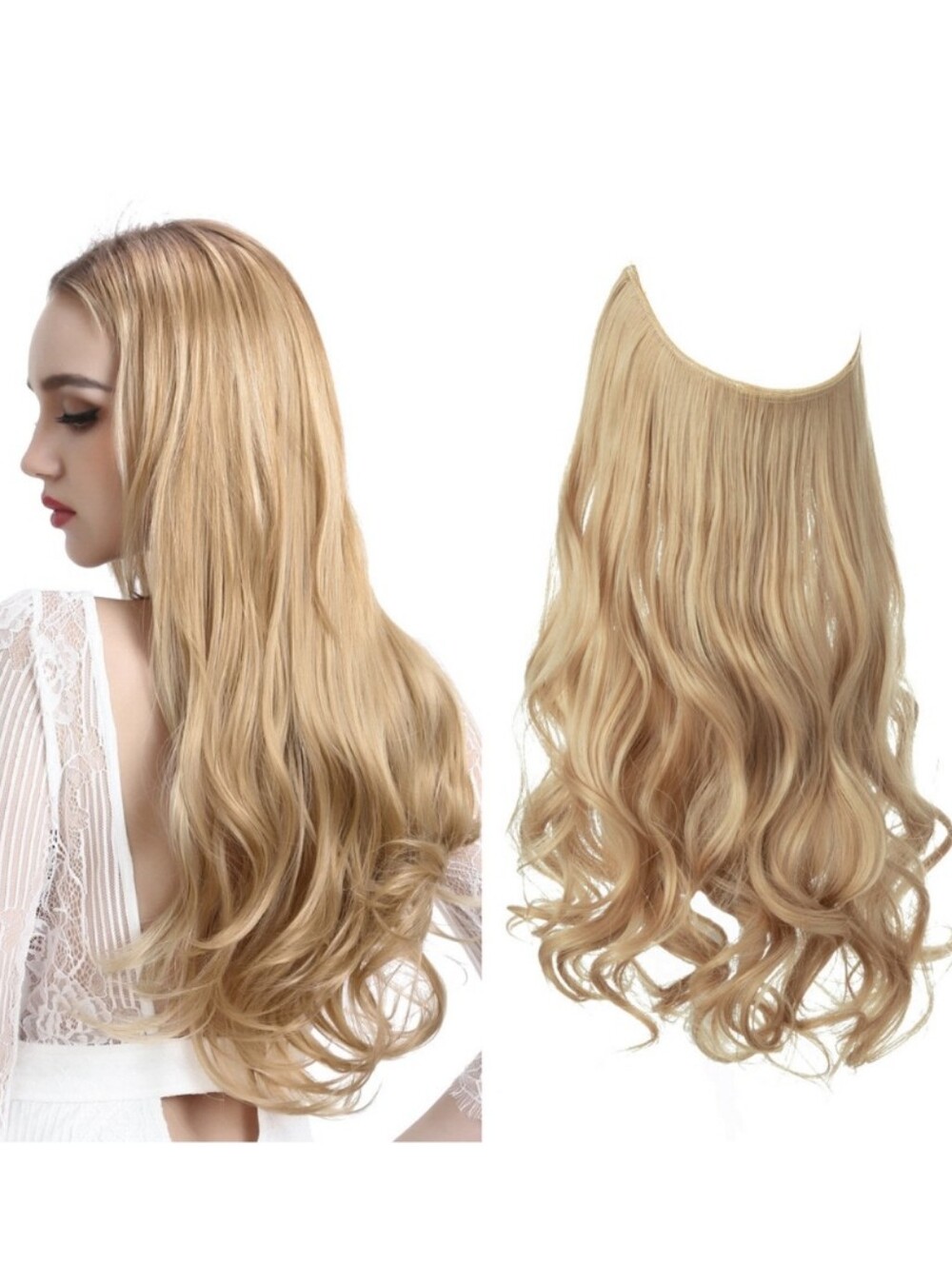ThatHair 22" Sandy Blonde Wavy Halo Piece Hair Extensions Natural Light Blonde